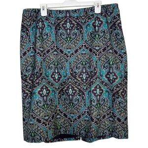 Talbots Green Purple Medallion Paisley Printed Knee Length Pencil Skirt Size 16W